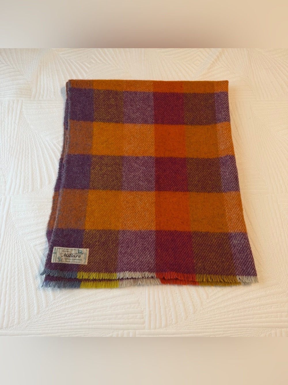 Vintage Virgin Wool Lap Throw Blanket Orange Purple Plaid Millars Ireland 38x46